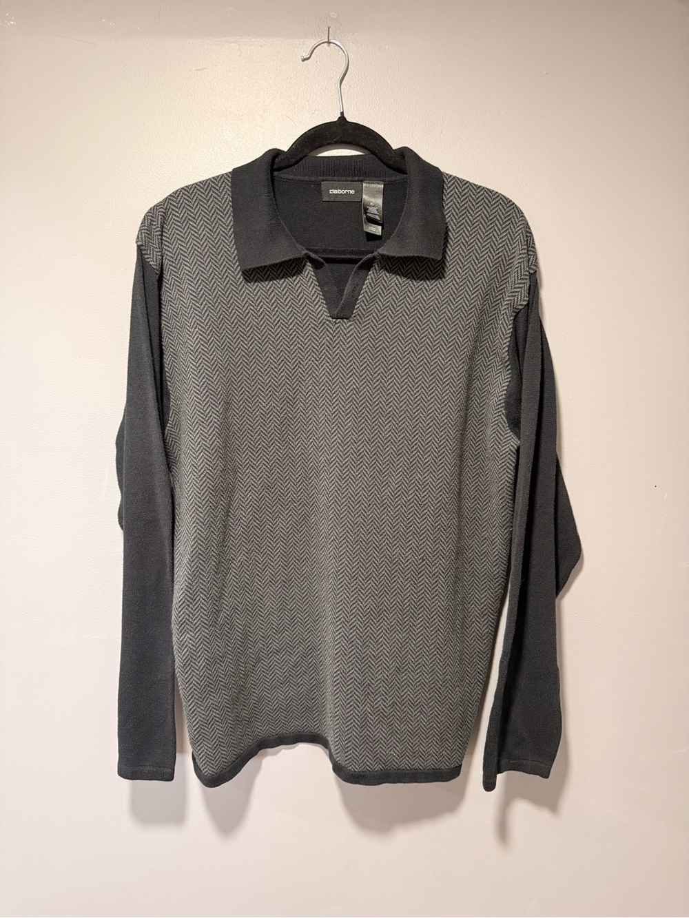 Claiborne Charcoal Gray Herringbone Long-Sleeve Polo